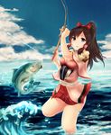  belt blue_eyes blue_sky bow breasts brown_hair capelet cleavage cloud day fish fishing fishing_line fishing_rod hair_bow hair_tubes highres horizon lili_(monster_hunter_online) long_hair looking_at_viewer maoshenzou monster_hunter monster_hunter_online ocean outdoors parted_lips pleated_skirt ponytail shoulder_armor skirt sky small_breasts smile solo spaulders standing standing_on_one_leg wading 