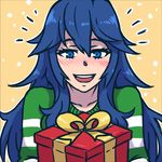  :d akairiot blue_eyes blue_hair blush fire_emblem fire_emblem:_kakusei gift long_hair lowres lucina open_mouth simple_background smile snowing solo super_smash_bros. teeth yellow_background 