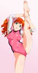  asahina_yurina barefoot breasts covered_nipples green_eyes highres kuroi_ohagi leg_up leotard long_hair medium_breasts orange_hair pink_leotard solo split standing standing_on_one_leg standing_split super_real_mahjong twintails 