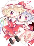  arm_grab asymmetrical_hair asymmetrical_wings bad_id bad_pixiv_id bat_wings blonde_hair blush dress flandre_scarlet hat hug kyou_(nekoneko) lavender_hair looking_at_viewer mary_janes mob_cap multiple_girls one_eye_closed pink_dress red_dress red_eyes remilia_scarlet serious shoes siblings side_ponytail sisters touhou wavy_hair wings 