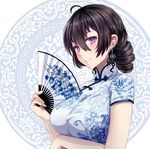  ahoge bangs beifeng_han black_hair blush breast_hold breasts china_dress chinese_clothes cleavage curly_hair dress earrings fan floral_print folding_fan hair_between_eyes holding holding_fan jewelry large_breasts looking_at_viewer miyaura_sanshio original patterned_background print_dress purple_eyes short_sleeves smile solo upper_body 
