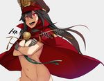  :d bad_id bad_pixiv_id black_hair breasts cape cleavage crossed_arms family_crest fate/grand_order fate_(series) gloves groin hat koha-ace kurowa long_hair medium_breasts naked_cape navel no_bra no_panties nude oda_nobunaga_(fate) oda_uri open_mouth out-of-frame_censoring red_eyes shako_cap simple_background smile solo teeth tongue 