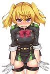  bike_shorts blonde_hair blush bow breasts cowboy_shot crying crying_with_eyes_open esoragoto gloves highres large_breasts long_hair looking_at_viewer military military_uniform open_mouth owari_no_seraph purple_eyes sanguu_mitsuba shorts shorts_pull sleeves_rolled_up solo tears twintails uniform white_gloves 