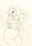  blush breasts cleavage hair_over_one_eye kraken kraken_(monster_girl_encyclopedia) large_breasts long_hair looking_at_viewer monochrome monorus monster_girl monster_girl_encyclopedia scylla self_hug sketch smile solo tentacles traditional_media very_long_hair 