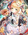  2015 bad_id bad_pixiv_id bangs black_bow blonde_hair bottle bow breasts cake cake_hat cleavage cookie curtains dress food fruit gingerbread_man gio_(maroon0924) gloves green_eyes hair_bow large_breasts official_art original plate smile solo strawberry tenkuu_no_crystalia watermark white_gloves 