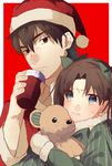  1girl black_eyes blue_eyes brown_hair creat fate/zero fate_(series) hat kotomine_kirei santa_hat stuffed_animal stuffed_toy teddy_bear toosaka_rin 