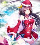  :d bare_shoulders black_hair blurry blush bow box carrying_over_shoulder christmas cowboy_shot detached_sleeves dress fur_trim gift gift_box hair_ornament hairclip haruna_(kantai_collection) hat headgear kantai_collection long_hair nekomaaro open_mouth red_dress red_hat remodel_(kantai_collection) santa_costume santa_hat smile snowing solo striped striped_bow thighhighs white_legwear wide_sleeves yellow_eyes zettai_ryouiki 