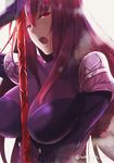  :o armor bangs bodysuit breasts fate/grand_order fate_(series) from_side hair_between_eyes half-closed_eyes hand_up holding holding_weapon impossible_clothes iwanaga_tm large_breasts long_hair looking_at_viewer open_mouth pauldrons polearm purple_bodysuit purple_hair red_eyes scathach_(fate)_(all) scathach_(fate/grand_order) solo spear turtleneck twitter_username upper_body very_long_hair weapon 