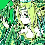  bare_shoulders blonde_hair breasts chinese_clothes circlet cleavage dress green green_background green_eyes hair_between_eyes headdress highres ishiyumi long_hair looking_at_viewer medium_breasts meimei_(p&amp;d) off_shoulder puzzle_&amp;_dragons simple_background smile solo tassel 