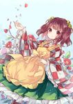  absurdres apron bell boots brown_hair camellia checkered checkered_kimono closed_mouth eyebrows_visible_through_hair flower frilled_sleeves frills green_skirt highres hiyoko_no_tataki japanese_clothes kimono long_sleeves looking_at_viewer md5_mismatch motoori_kosuzu petals red_eyes red_flower short_hair skirt sky solo touhou two_side_up wide_sleeves yellow_apron 