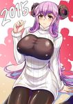  2015 blush breasts center_opening commentary_request horns kumakichi_(cost-lost) large_breasts long_hair original pantyhose purple_eyes red_eyes ribbed_sweater sheep_girl sheep_horns sitting smile solo sweater turtleneck 