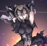  armor armored_dress arms_up blonde_hair braid breasts dark_persona fate/grand_order fate_(series) gauntlets headpiece helmet jeanne_d'arc_(alter)_(fate) jeanne_d'arc_(fate)_(all) kawanakajima large_breasts single_braid solo torn_clothes yellow_eyes 