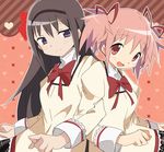  :d akemi_homura back-to-back black_hair blush bow hair_between_eyes hair_ribbon head_tilt heart hibimegane kaname_madoka long_hair looking_at_viewer mahou_shoujo_madoka_magica mitakihara_school_uniform multiple_girls open_mouth pink_eyes pink_hair purple_eyes ribbon school_uniform sidelocks smile twintails 