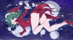  bag bare_legs blue_eyes christmas curly_hair dress flying green_hair hat legs looking_at_viewer no_panties okiyumi_kase one-punch_man open_mouth pelvic_curtain red_dress sack santa_hat short_hair solo tatsumaki 