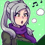  akairiot beamed_eighth_notes female_my_unit_(fire_emblem:_kakusei) fire_emblem fire_emblem:_kakusei green_background grey_hair long_hair lowres music musical_note my_unit_(fire_emblem:_kakusei) purple_scarf scarf simple_background singing snowing solo super_smash_bros. twintails yellow_eyes 