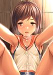  :d against_wall armpits breasts brown_eyes brown_hair collarbone cum cum_on_clothes facial hair_ornament i-401_(kantai_collection) kantai_collection one-piece_swimsuit open_mouth out-of-frame_censoring outstretched_arms ponytail pov school_swimsuit shiden_(sashimi_no_wife) sideboob small_breasts smile solo spread_legs sunlight swimsuit swimsuit_under_clothes tan thighs 
