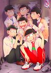  alley bad_id bad_twitter_id black_hair brothers cellphone cigarette crossed_arms heart heart_in_mouth lighter looking_at_viewer male_focus matsuno_choromatsu matsuno_ichimatsu matsuno_juushimatsu matsuno_karamatsu matsuno_osomatsu matsuno_todomatsu messy_hair multiple_boys necktie o2_(o2mm) one_eye_closed osomatsu-kun osomatsu-san pants phone poster_(object) school_uniform sextuplets shoes siblings sitting sleeves_past_wrists smartphone smoking sneakers squatting striped striped_neckwear sweater_vest track_pants younger 