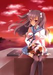  ahoge black_legwear brown_eyes brown_hair cat highres horizon long_hair ocean original petting pleated_skirt school_uniform serafuku sitting skirt smile solo sunset twilight two_side_up yube_(skyhacker) 