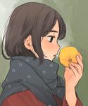  akai_sashimi black_eyes black_hair food fruit holding holding_food holding_fruit long_hair original profile scarf solo upper_body yuzu_(fruit) 