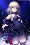  artoria_pendragon_(all) blonde_hair breasts dark_excalibur dark_persona detached_sleeves dress fate/grand_order fate/stay_night fate_(series) hisahisahisahisa md5_mismatch medium_breasts night night_sky saber_alter sky solo sword thighhighs weapon yellow_eyes 
