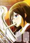  2016 absurdres artist_request august blue_eyes blush brown_hair calendar_(medium) character_name close-up copyright_name curtains euphonium face glasses glint hibike!_euphonium highres indoors instrument july long_hair music official_art over-rim_eyewear playing_instrument red-framed_eyewear semi-rimless_eyewear solo stage tanaka_asuka upper_body 