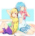  amo_(yellowpink_a) blonde_hair blue_hair blush boxers ensemble_stars! from_side headphones male_focus male_underwear multiple_boys nito_nazuna one_eye_closed plaid plaid_scarf print_shorts purple_eyes red_eyes scarf shino_hajime shirt shorts star star_print striped striped_shorts t-shirt towel underwear wet wet_hair yellow_shirt 