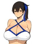  black_eyes black_hair blush breasts cleavage covered_nipples huge_breasts kaga_(kantai_collection) kantai_collection looking_at_viewer poin side_ponytail solo sweatdrop white_background 