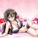  ashigara_(kantai_collection) bed black_bra black_panties bow bow_bra bow_panties bra breasts brown_eyes brown_hair c: cleavage commentary_request fang_out hairband highres kantai_collection large_breasts long_hair looking_at_viewer lying multicolored multicolored_bra multicolored_clothes multicolored_panties panties smile solo tk8d32 underwear underwear_only yes yes-no_pillow 