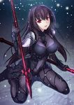  bodysuit breasts fate/grand_order fate_(series) gae_bolg highres holding holding_weapon kneeling large_breasts long_hair looking_at_viewer open_mouth polearm purple_bodysuit purple_hair red_eyes scathach_(fate)_(all) scathach_(fate/grand_order) snow solo spear very_long_hair weapon yoshida_takuma 