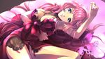  bed bed_sheet blue_eyes breasts dress earrings groin jewelry large_breasts lipstick long_hair looking_to_the_side lying makeup mask pakupaku_choppu pink_hair see-through solo 
