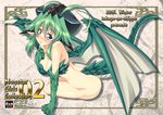  :p antenna_hair arm_support ass blue_eyes blush breasts cleavage dragon_girl dragon_tail dragon_wings gekato green_hair highres horns large_breasts original sitting solo tail tongue tongue_out wings 