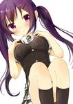  black_legwear blush feet_out_of_frame gochuumon_wa_usagi_desu_ka? hands_on_own_chest kneehighs long_hair looking_at_viewer necktie pleated_skirt purple_eyes purple_hair short_sleeves sidelocks simple_background sitting skirt solo tedeza_rize tsubaki_(tatajd) twintails white_background 