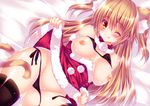  animal_ears black_bra black_legwear black_panties blonde_hair blush bra bra_lift breasts breasts_outside cat_ears cat_tail christmas detached_sleeves dress dress_lift groin large_breasts long_hair looking_at_viewer lying nipples on_back one_eye_closed ooji_cha original panties red_dress santa_costume shiny shiny_skin side-tie_panties smile solo tail thighhighs tongue tongue_out two_side_up underwear untied untied_panties very_long_hair yellow_eyes 