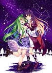  bad_id bad_pixiv_id blonde_hair boots constellation douji green_hair hands_together hijiri_byakuren kochiya_sanae leg_lift long_hair multiple_girls purple_eyes purple_hair smile star touhou very_long_hair yuri 