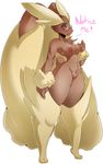  absurd_res anthro big_breasts blush breast_grab breasts brown_fur chest_tuft dialogue english_text eyewear female fur glasses hand_on_breast hi_res long_ears lopunny nintendo nipple_pinch nipples nude pok&eacute;mon pussy red_eyes solo suddenhack text tuft video_games 