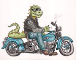  2015 anthro biker boots cigarette claws clothed clothing dinosaur eyewear fangs footwear green_scales harley_davidson hi_res jacket jeans knife leather_jacket male melee_weapon metalsmile motorcycle multicolored_scales pants reptile scales scalie sharp_teeth simple_background sitting smirk smoke smoking solo spines sunglasses teeth theropod traditional_media_(artwork) two_tone_scales tyrannosaurus_rex vehicle vest watercolor_(artwork) weapon white_background yellow_scales 
