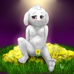  2015 anthro asriel_dreemurr balls blush boss_monster caprine censored convenient_censorship cub flower fur goat hair long_ears looking_at_viewer male mammal monster nipples nude plant smile solo undertale video_games white_fur young zekromlover 