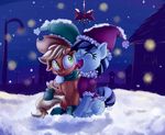  2015 absurd_res applejack_(mlp) christmas coloratura_(mlp) cutie_mark duo equine female friendship_is_magic hat hi_res holidays horse licking mammal mistletoe my_little_pony plant pony santa_hat scarf sitting snow snowing surprise thediscorded tongue tongue_out 