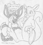  &lt;3 absurd_res buckteeth dialogue digitigrade english_text eye_contact featureless_crotch greyscale hi_res kangaroo lagomorph male mammal marsupial mizzyam monochrome open_mouth pencil_(artwork) rabbit semi-anthro sitting size_difference spotted_bunny standing teeth text traditional_media_(artwork) 
