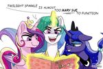  2015 8bitamy book crown cutie_mark dialogue english_text equine female feral friendship_is_magic glowing group horn magic mammal my_little_pony open_mouth princess_cadance_(mlp) princess_celestia_(mlp) princess_luna_(mlp) reading simple_background smile smirk text white_background winged_unicorn wings 