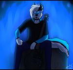  2015 absurd_res anthro black_fur blue_background blue_eyes blue_fire blue_fur canine clothed clothing collar cool_colors dark fire front_view fur glowing glowing_eyes guitar hi_res kenko male mammal metal multicolored_fur musical_instrument pants pose restricted_palette shadowbeastiiiepaw shirt simple_background sitting solo spiked_collar white_fur wolf 