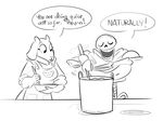  :3 apron armor black_and_white bone boss_monster bowl breasts caprine catnippackets cooking dialogue duo english_text eyelashes eyes_closed female goat horn male mammal monochrome monster open_mouth papyrus_(undertale) skeleton smile speech_bubble stirring text toriel undertale video_games 
