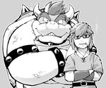  armlet belt black_and_white bowser cigarette collar duo eyewear garousuki glasses horn hylian koopa link male mario_bros monochrome nintendo scalie shell simple_background size_difference slightly_chubby smoke smoking spiked_bracelet spiked_collar the_legend_of_zelda tunic video_games 