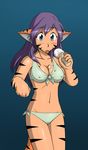  animal_humanoid anthro big_breasts bikini black_stripes blue_eyes blush breasts cat_humanoid cat_tail clothed clothing dessert facial_markings feline female food hair human humanoid ice_cream kate_summers long_hair mammal markings nipple_bulge purple_hair solo stripes swimsuit tom_fischbach yosh!_comics 