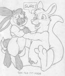  absurd_res anatomically_correct balls buckteeth dialogue digitigrade english_text excited eye_contact greyscale happy hi_res kangaroo lagomorph lifting male mammal marsupial mizzyam monochrome open_mouth pencil_(artwork) penis penis_tip rabbit semi-anthro sheath sitting size_difference spotted_bunny standing tapering_penis teeth text traditional_media_(artwork) 