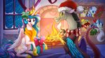  blue_feathers bow christmas cutie_mark discord_(mlp) draconequus duo equine feathers female feral fire fireplace friendship_is_magic fur gift hair hat holidays horn inside long_hair male mammal mistletoe multicolored_hair multicolored_tail my_little_pony open_mouth plant princess_celestia_(mlp) santa_hat scarf stepandy teeth white_feathers white_fur window winged_unicorn wings 