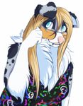  anthro blonde_hair canine chest_tuft clothed clothing eyewear facial_piercing fangs female fur glasses hair lip_piercing mammal open_mouth piercing simple_background smile solo teeth tongue tuft white_background wing-of-chaos 