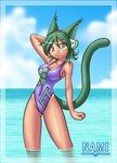  animal_humanoid big_breasts breasts cat_humanoid cat_tail clothed clothing feline female green_eyes green_hair hair human humanoid mammal nami_(yosh) navel sky solo swimsuit water yosh!_comics 