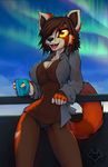  2015 anthro aurora_borealis big_breasts black_nose breasts brown_fur brown_hair clothed clothing erect_nipples female fluffy_tail fur glowing glowing_eyes hair hi_res macmegagerc mammal multicolored_fur navel nipples open_mouth open_shirt orange_eyes orange_fur panties red_panda shirt skimpy sky smile solo teeth tongue underwear watermark white_fur wide_hips 