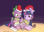  2015 alasou christmas cup dragon duo equine female feral friendship_is_magic fur gift green_eyes hair hat holidays horn male mammal multicolored_hair my_little_pony patreon purple_eyes purple_fur santa_hat scarf spike_(mlp) tape twilight_sparkle_(mlp) unicorn wrapping_paper 